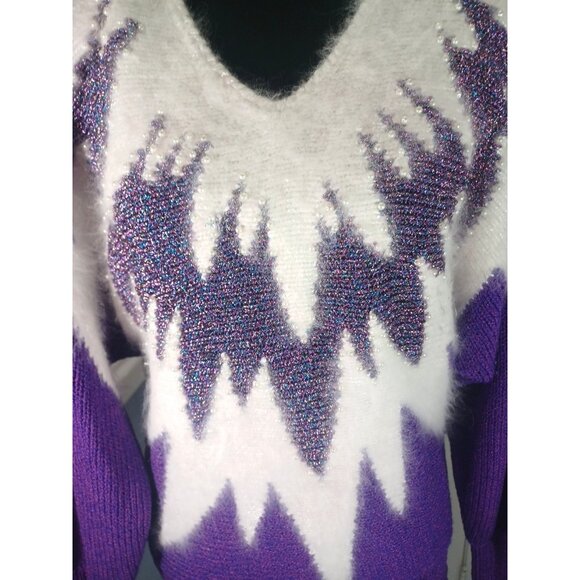 Vintage 80s Hollywood Luxury Purple Metallic White Angora Pearls Sweater M - Picture 3 of 16